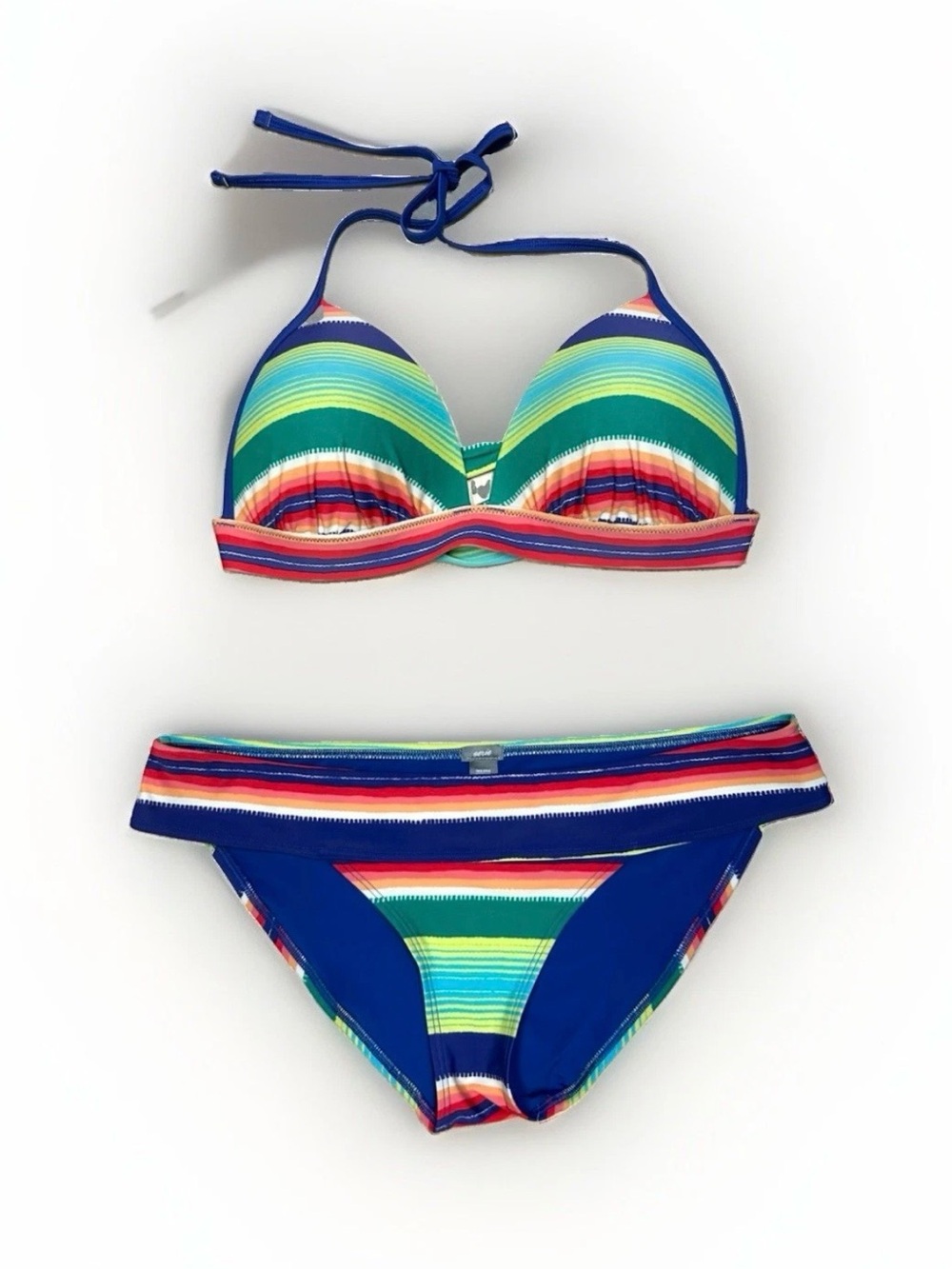 Aerie Striped Bikini 2 Piece Women L Perky Triangle Padded Push Up Rainbow